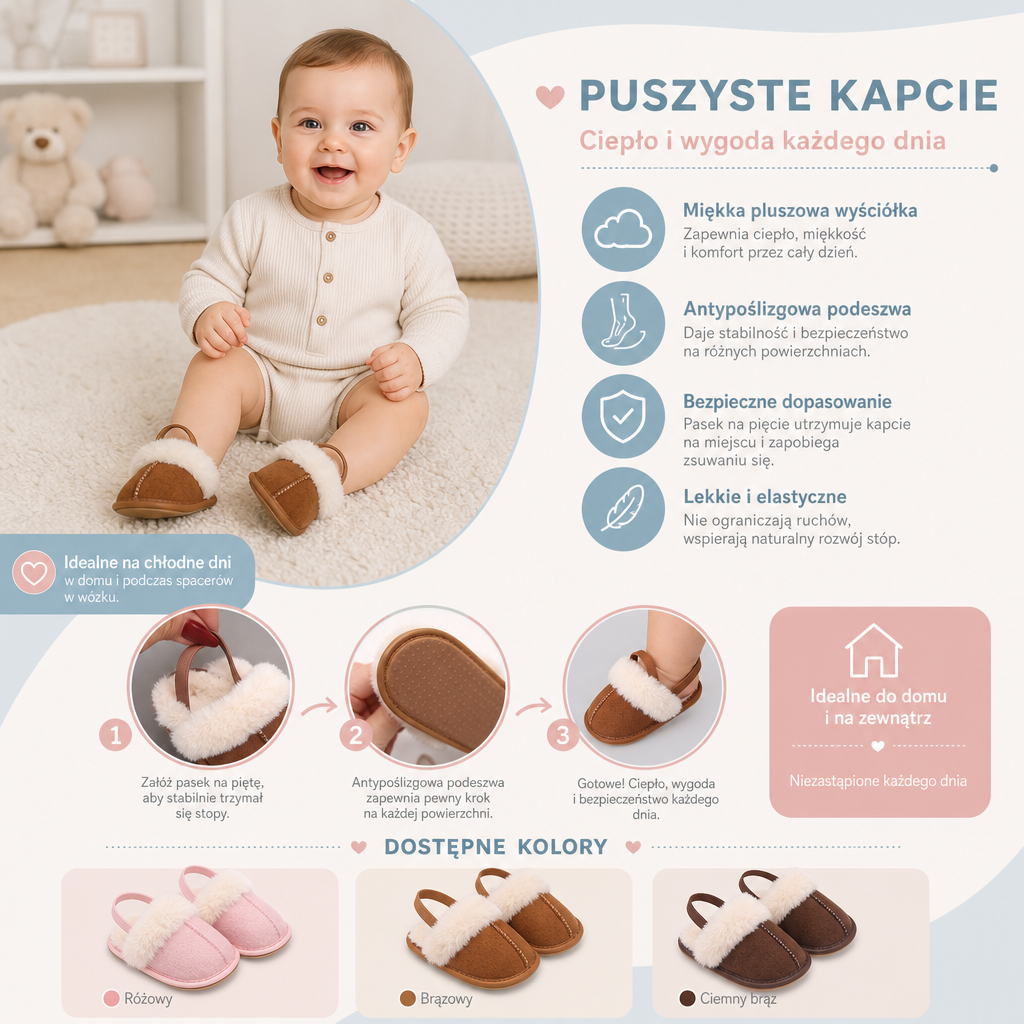 Puszyste Kapcie dla Niemowląt i Małych Dzieci z Miękką Pluszową Wyściółką i Antypoślizgową Podeszwą