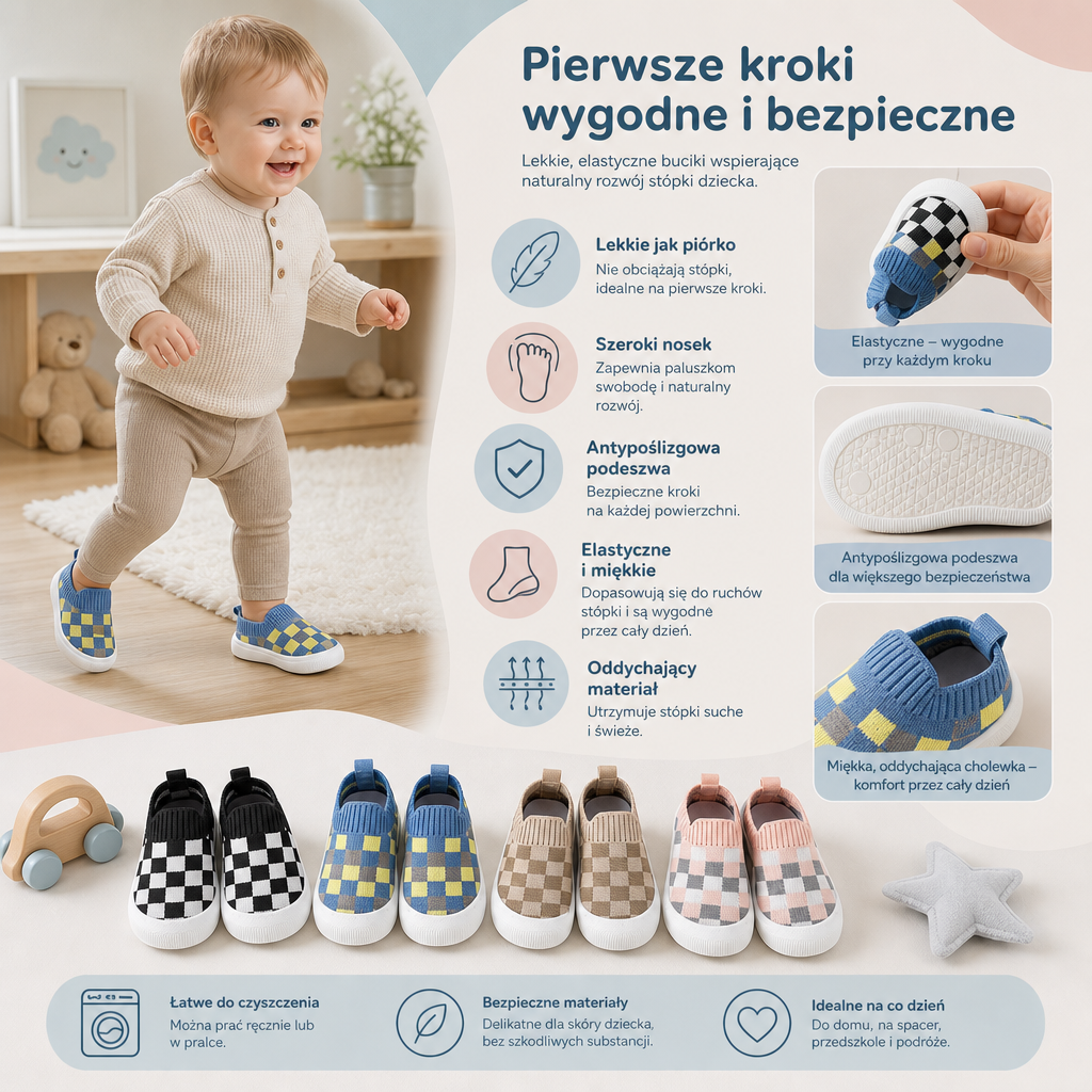 Lekkie Kraciaste Buciki do Nauki Chodzenia dla Niemowląt z Miękkimi, Antypoślizgowymi Podeszwami