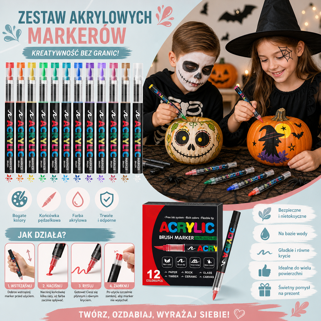 Zestaw Akrylowych Markerów z Podwójną Końcówką – Cienka Końcówka i Pędzelkowa