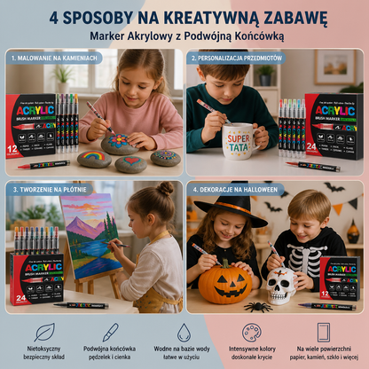 Zestaw Akrylowych Markerów z Podwójną Końcówką – Cienka Końcówka i Pędzelkowa