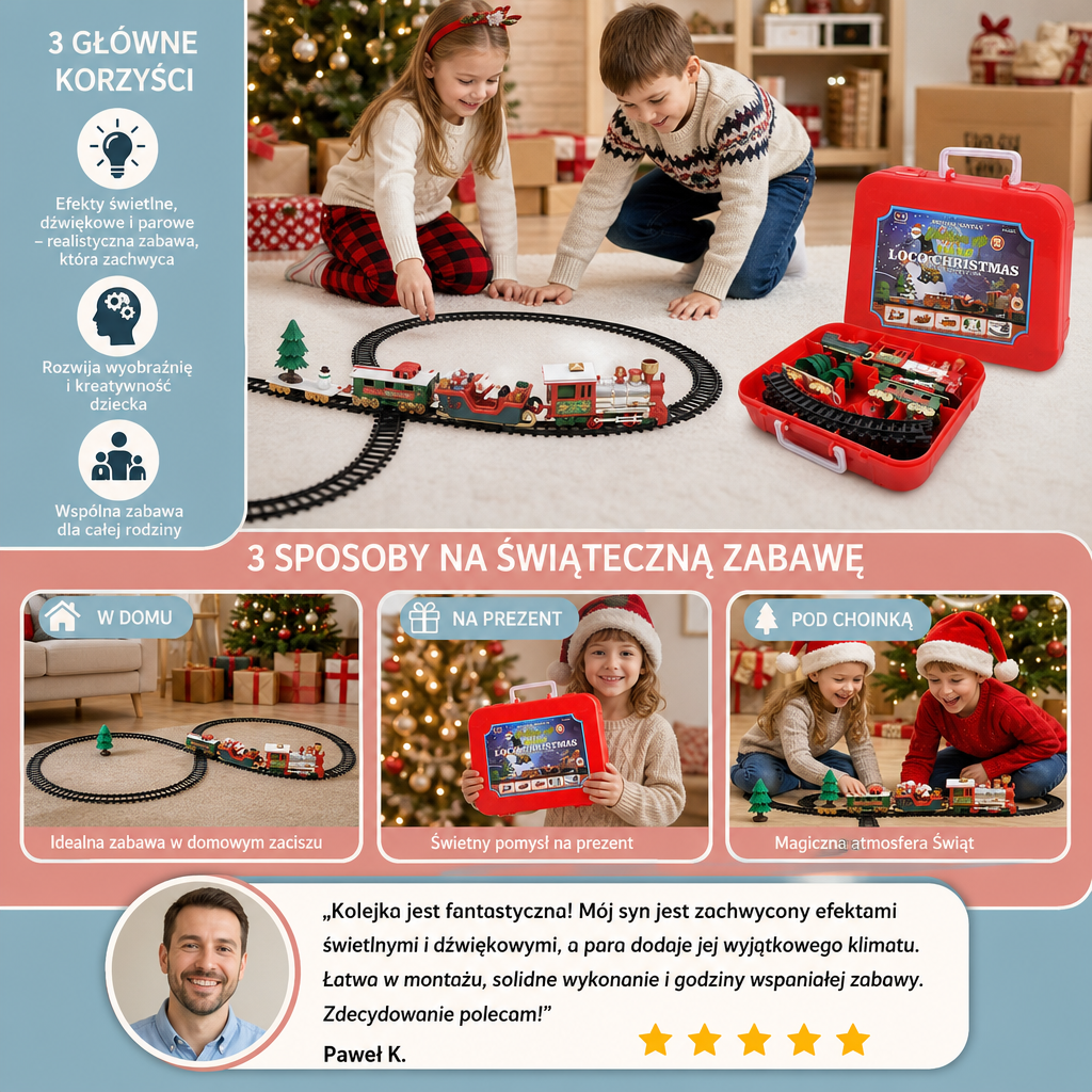 Elektryczny Zestaw Kolejki dla Dzieci z Efektami Świetlnymi, Dźwiękowymi i Parowymi