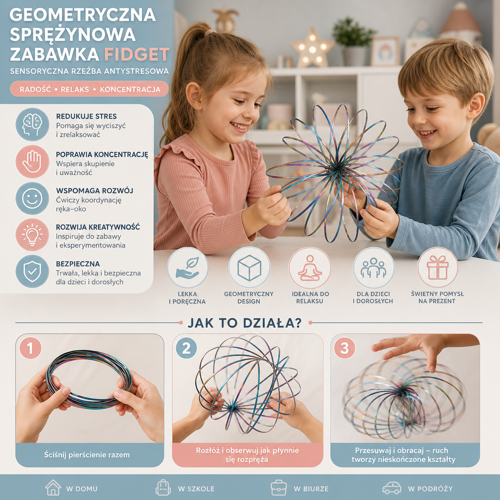 Geometryczna Sprężynowa Zabawka Fidget – Sensoryczna Rzeźba Antystresowa