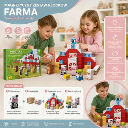 Magnetyczny Zestaw Klocków Podróżnych Farma z Figurkami Zwierząt i Stodołą