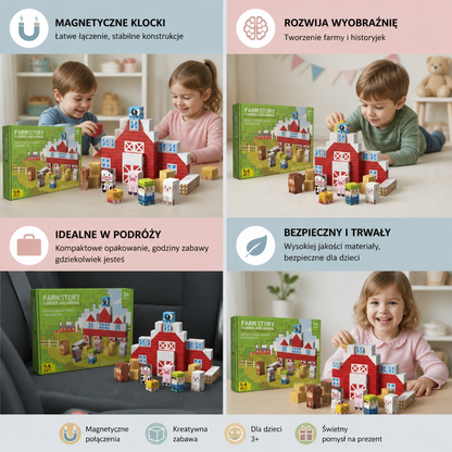 Magnetyczny Zestaw Klocków Podróżnych Farma z Figurkami Zwierząt i Stodołą