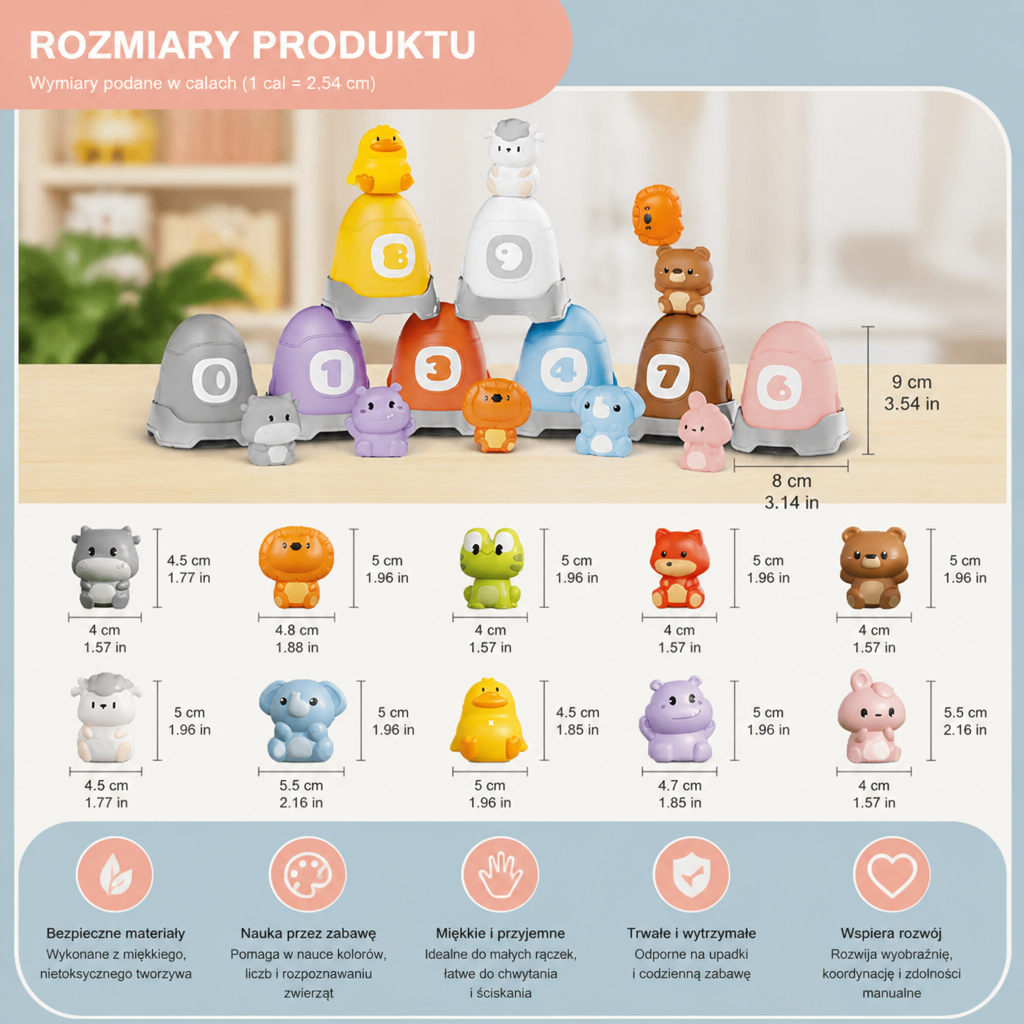 Zestaw Miękkich Gumowych Pacynek ze Zwierzątkami z Farmy do Nauki Kolorów i Liczb w Stylu Montessori