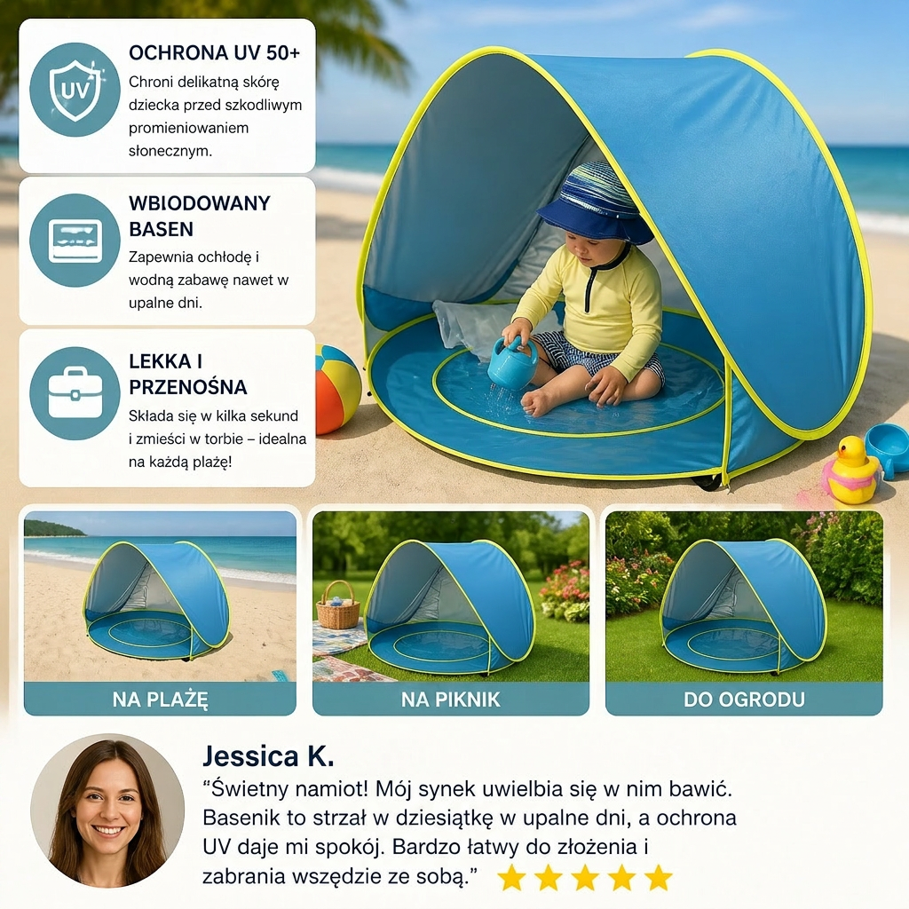 Pop-Up Baby Beach Tent z Wbudowanym Basenem i Ochroną UV – Przenośny Parasolka dla Dzieci