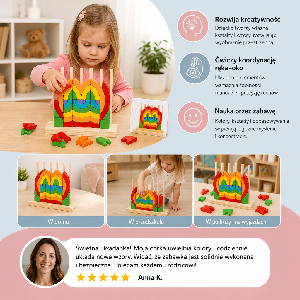 Montessori Drewniana Tęczowa Układanka Do Układania I Dopasowywania
