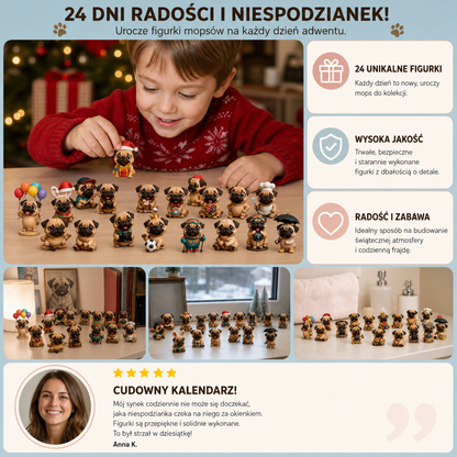 24-dniowy kalendarz adwentowy z figurkami mopsów niespodziankami