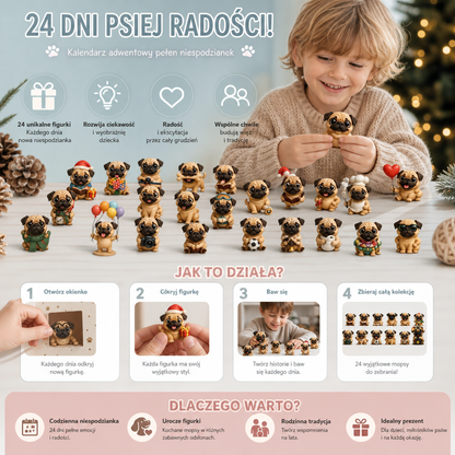 24-dniowy kalendarz adwentowy z figurkami mopsów niespodziankami