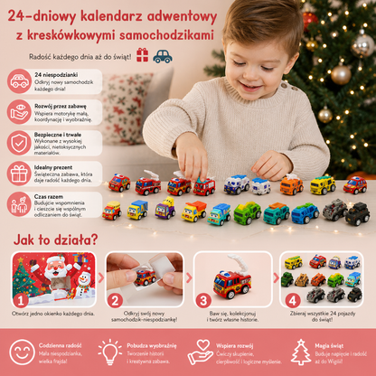 24-dniowy kalendarz adwentowy z kreskówkowymi samochodzikami