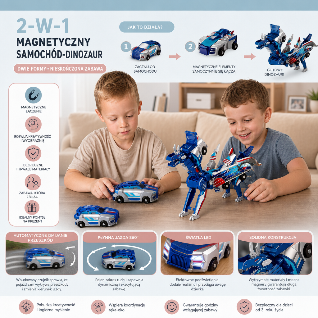 2-w-1 Magnetyczny Samochód Przekształcający się w Dinozaura z Automatycznym Omijaniem Przeszkód