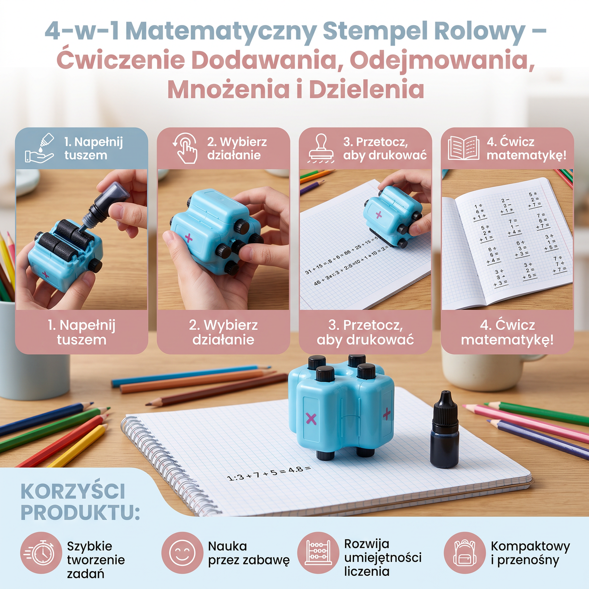4-w-1 Matematyczny Stempel Rolowy – Ćwiczenie Dodawania, Odejmowania, Mnożenia i Dzielenia