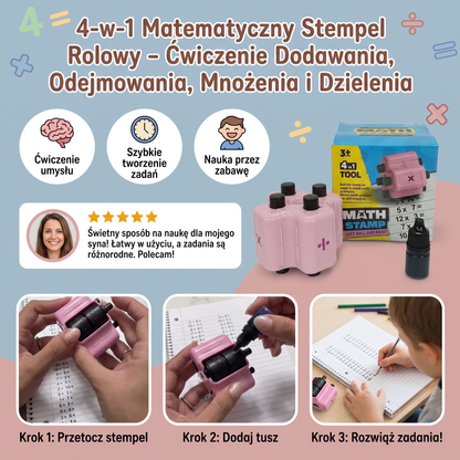 4-w-1 Matematyczny Stempel Rolowy – Ćwiczenie Dodawania, Odejmowania, Mnożenia i Dzielenia
