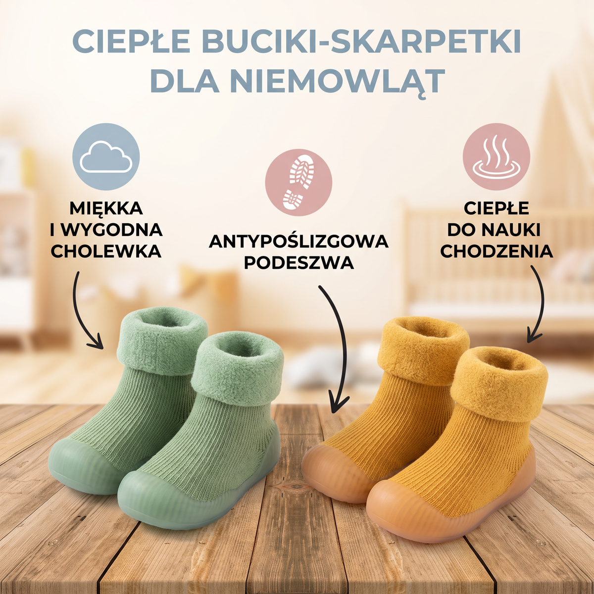 Ciepłe Buciki-Skarpetki Do Nauki Chodzenia Dla Niemowląt Z Miękką, Antypoślizgową Podeszwą