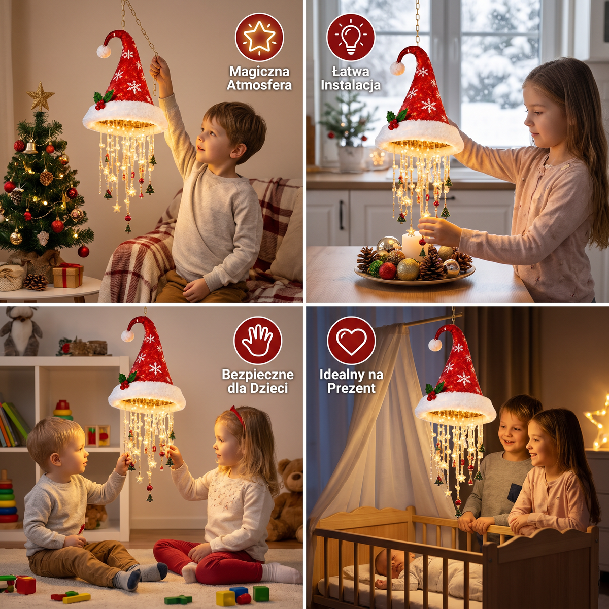 Świąteczny Łańcuch Lampek LED w Kształcie Czapek Mikołaja