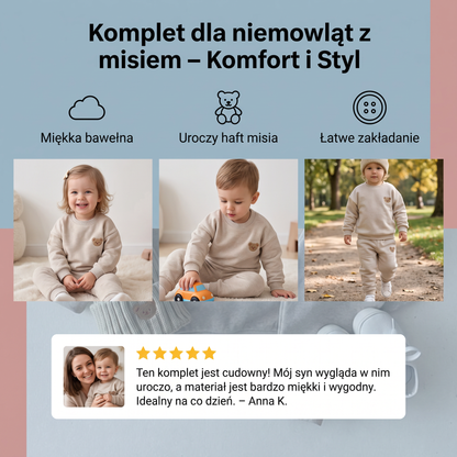 Komplet dla niemowląt z bluzą z haftowanym misiem i dopasowanymi spodniami dresowymi