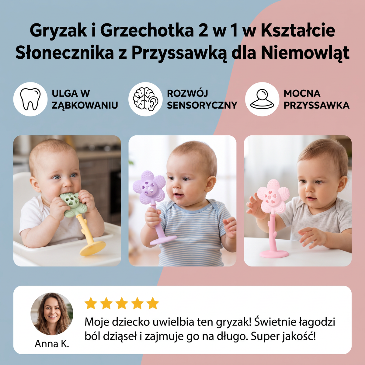 Gryzak i Grzechotka 2 w 1 w Kształcie Słonecznika z Przyssawką dla Niemowląt