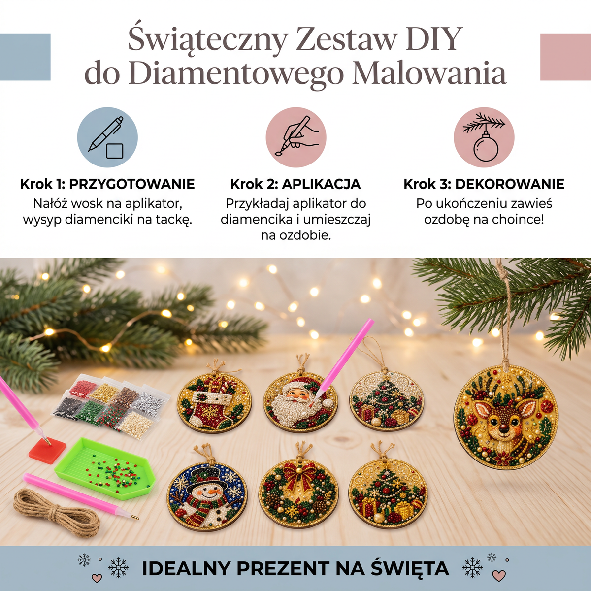 Świąteczny Zestaw DIY do Diamentowego Malowania Drewnianych Ozdób