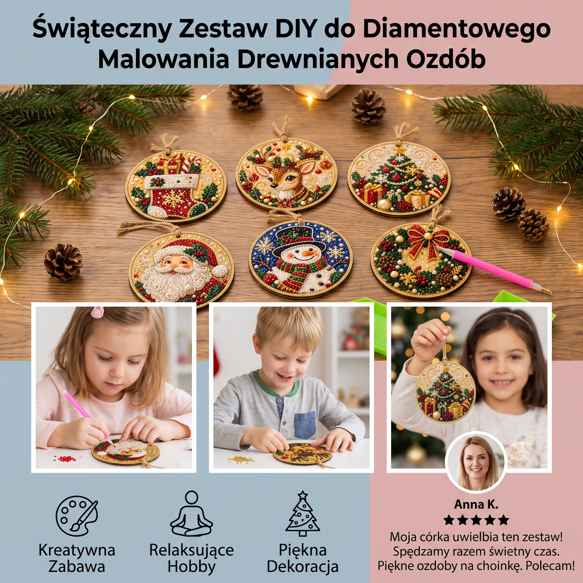 Świąteczny Zestaw DIY do Diamentowego Malowania Drewnianych Ozdób
