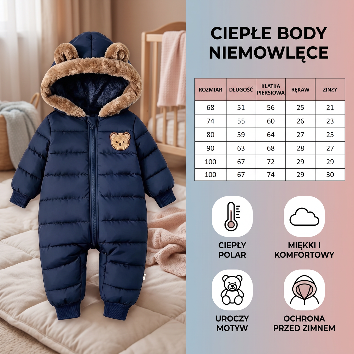 Ciepłe Body Niemowlęce z Motywem Misia i Polarową Podszewką