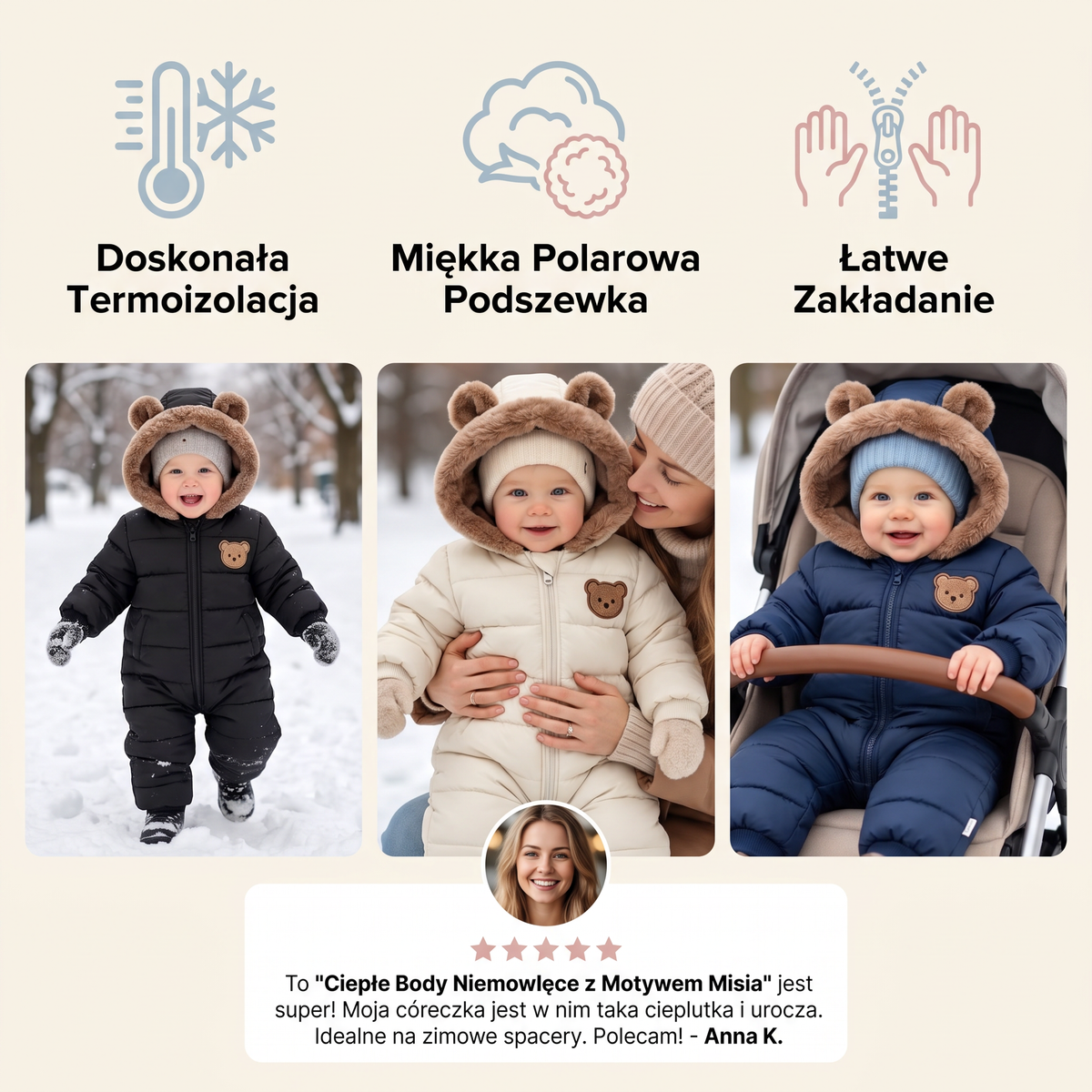 Ciepłe Body Niemowlęce z Motywem Misia i Polarową Podszewką