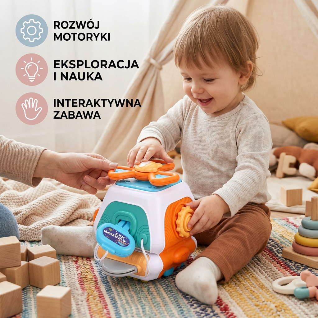 Montessori Kostka Aktywności 22-w-1 dla Maluchów – Zabawka do Rozwoju Motoryki i Odkrywania