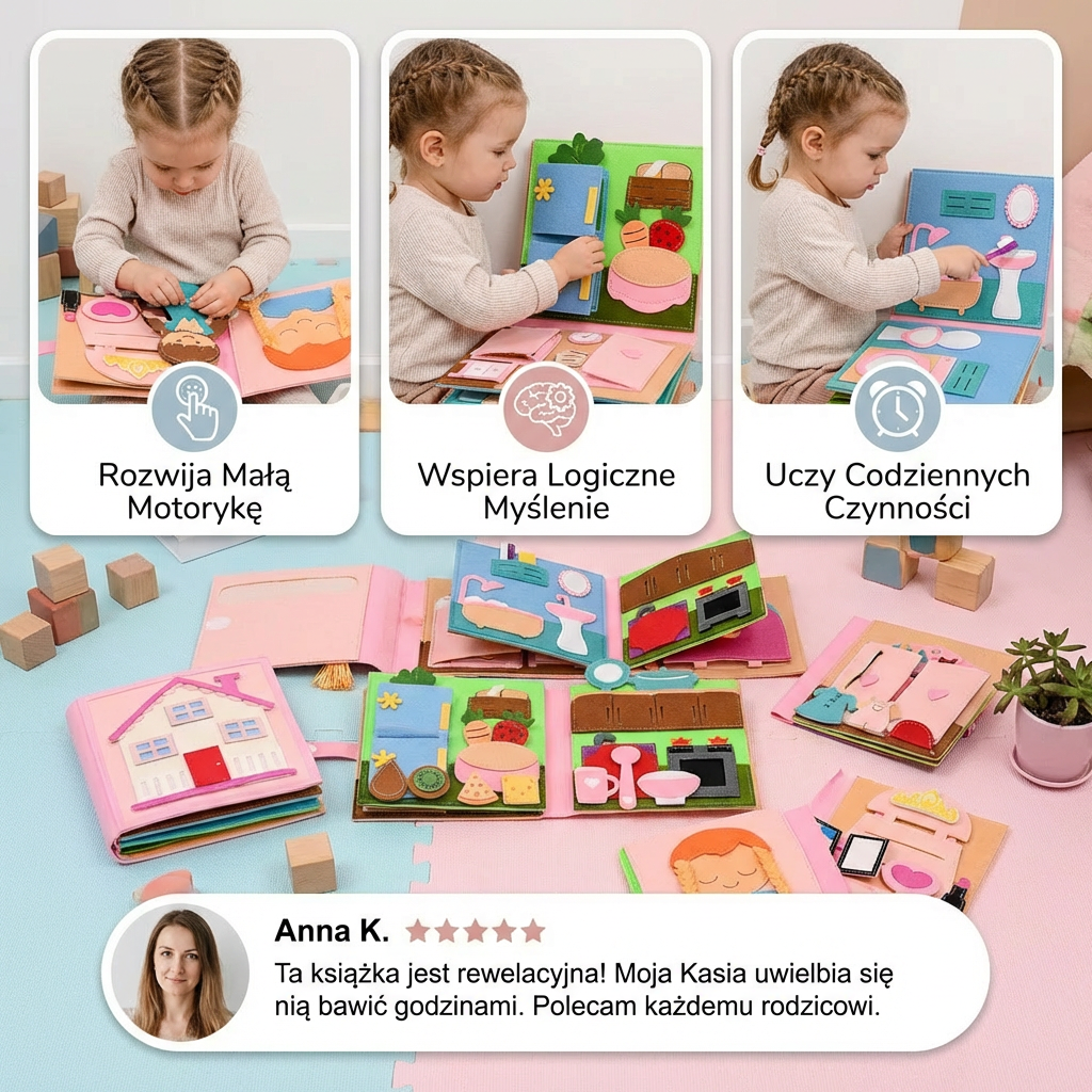 Montessori Filcowa Książka Busy dla Dzieci – Ubieranie, Sortowanie i Nauka Codziennych Umiejętności