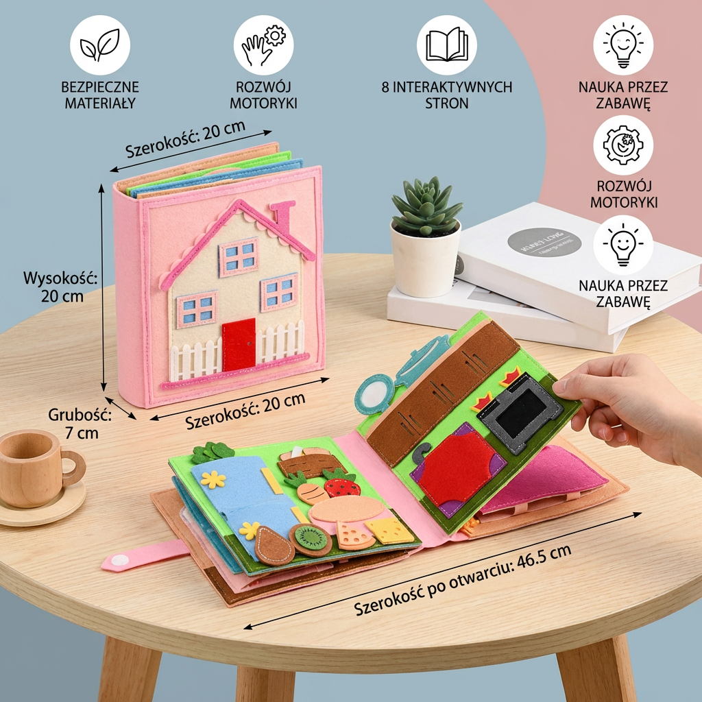 Montessori Filcowa Książka Busy dla Dzieci – Ubieranie, Sortowanie i Nauka Codziennych Umiejętności