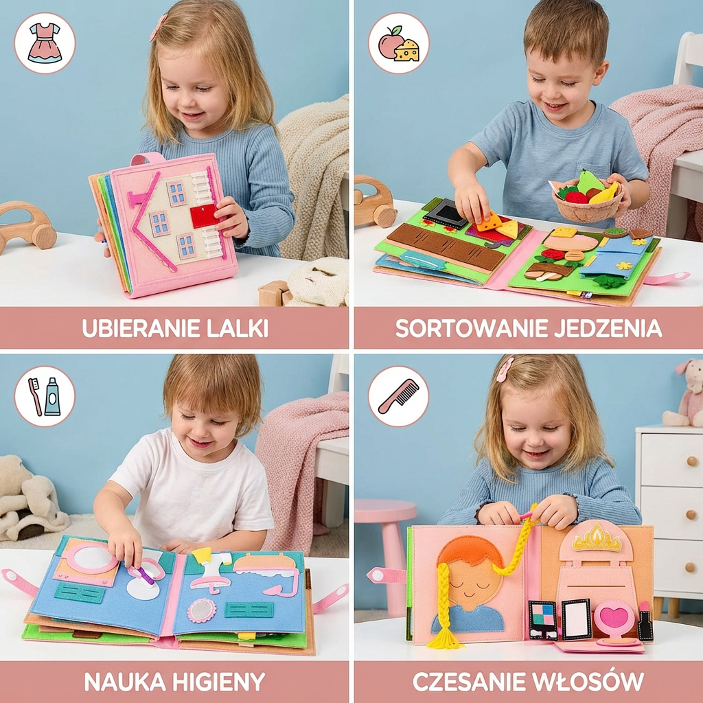 Montessori Filcowa Książka Busy dla Dzieci – Ubieranie, Sortowanie i Nauka Codziennych Umiejętności