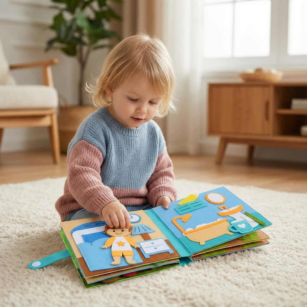Montessori Filcowa Książka Busy dla Dzieci – Ubieranie, Sortowanie i Nauka Codziennych Umiejętności