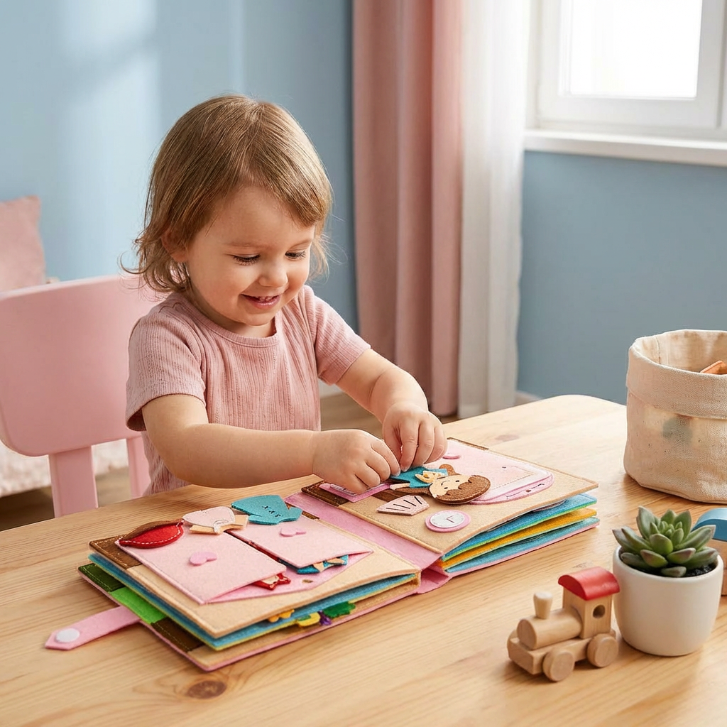 Montessori Filcowa Książka Busy dla Dzieci – Ubieranie, Sortowanie i Nauka Codziennych Umiejętności