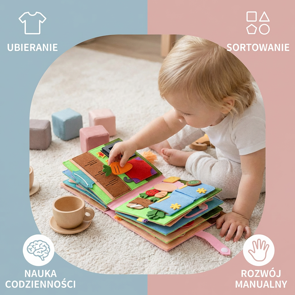 Montessori Filcowa Książka Busy dla Dzieci – Ubieranie, Sortowanie i Nauka Codziennych Umiejętności