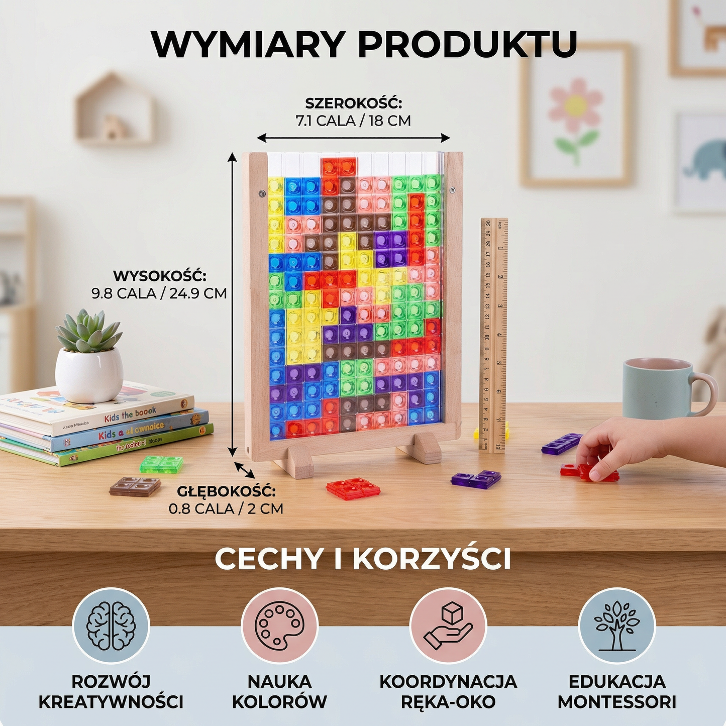 Puzzle 3D z kolorowych klocków z drewnianą ramką – edukacyjna gra Montessori dla dzieci