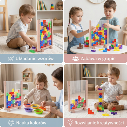 Puzzle 3D z kolorowych klocków z drewnianą ramką – edukacyjna gra Montessori dla dzieci