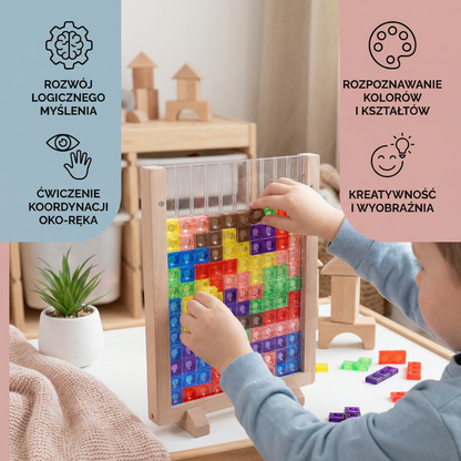 Puzzle 3D z kolorowych klocków z drewnianą ramką – edukacyjna gra Montessori dla dzieci