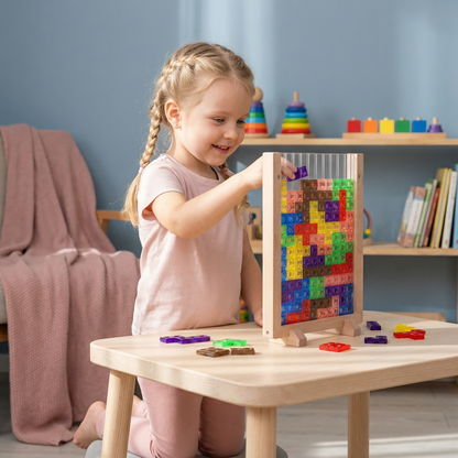 Puzzle 3D z kolorowych klocków z drewnianą ramką – edukacyjna gra Montessori dla dzieci