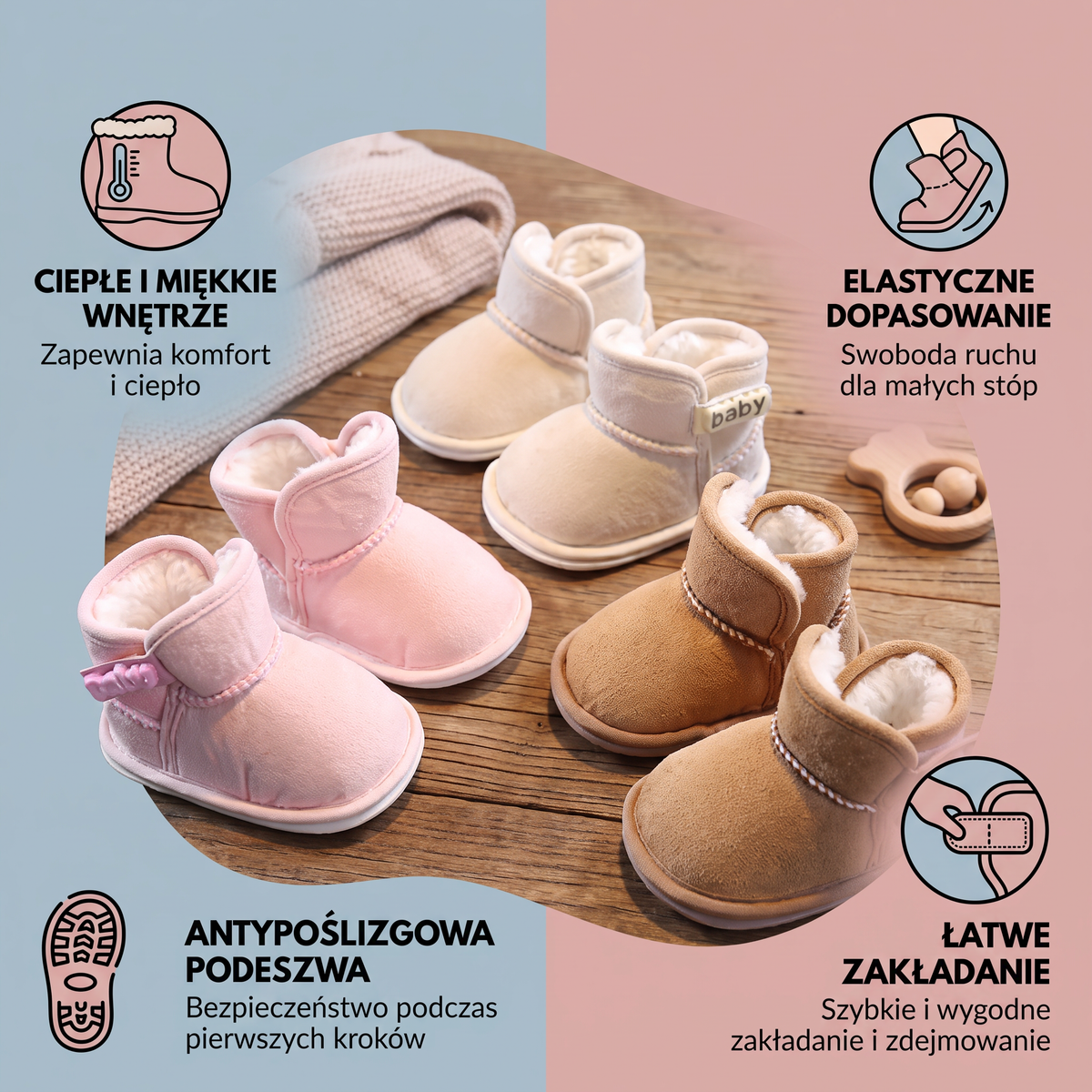 Zimowe buciki niemowlęce z polarową podszewką i miękką, antypoślizgową podeszwą