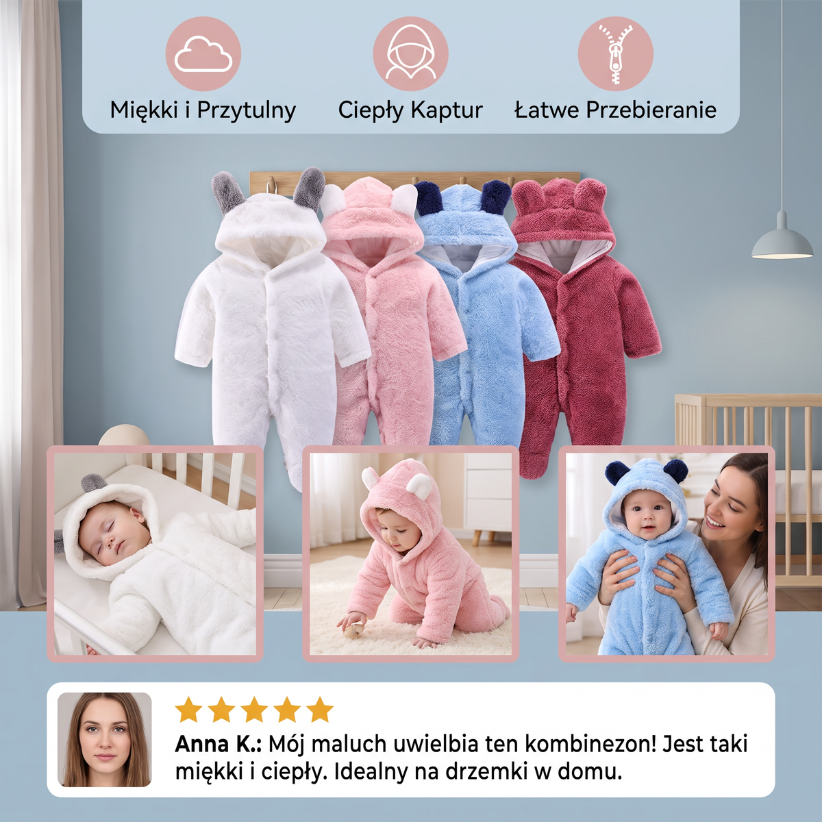 Miękki i przytulny kombinezon niemowlęcy z kapturem i motywem misia