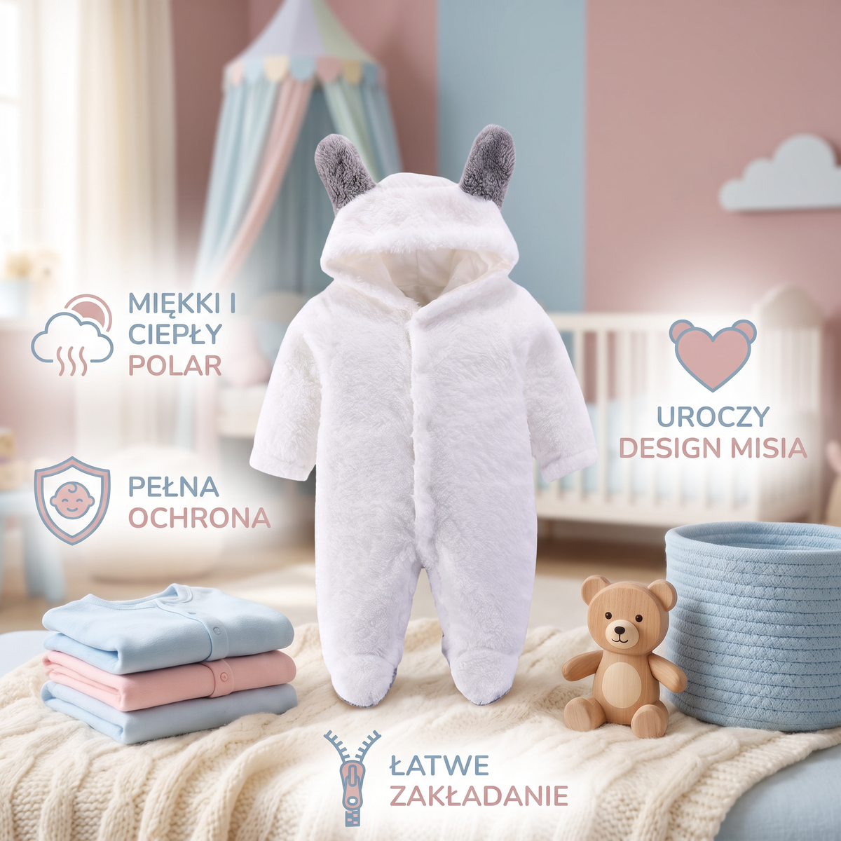 Miękki i przytulny kombinezon niemowlęcy z kapturem i motywem misia