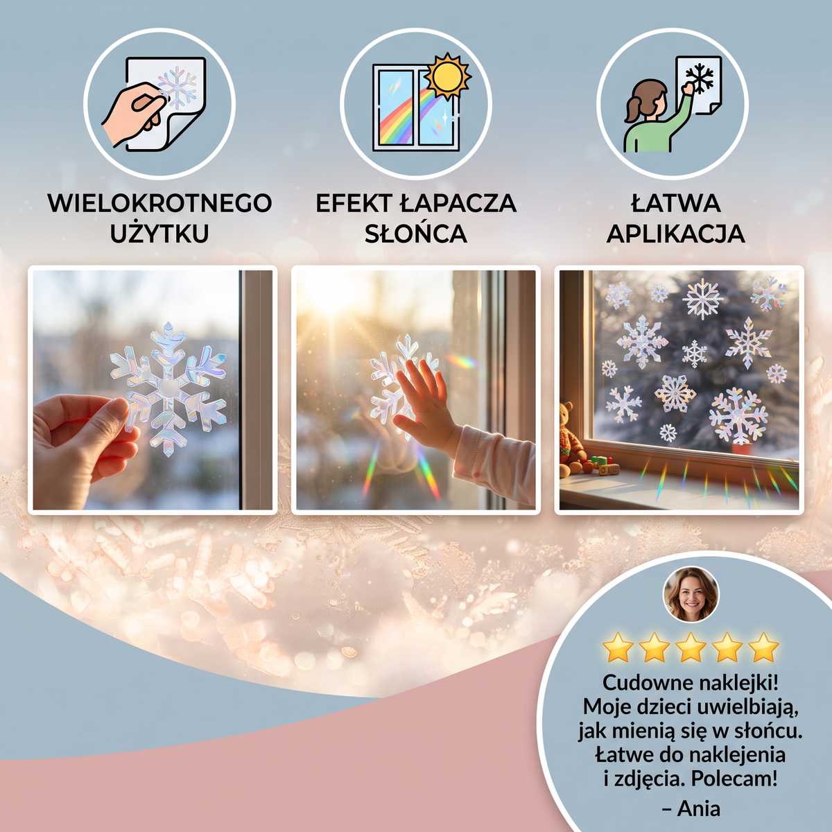 Wielorazowe naklejki na okno typu suncatcher w kształcie płatków śniegu