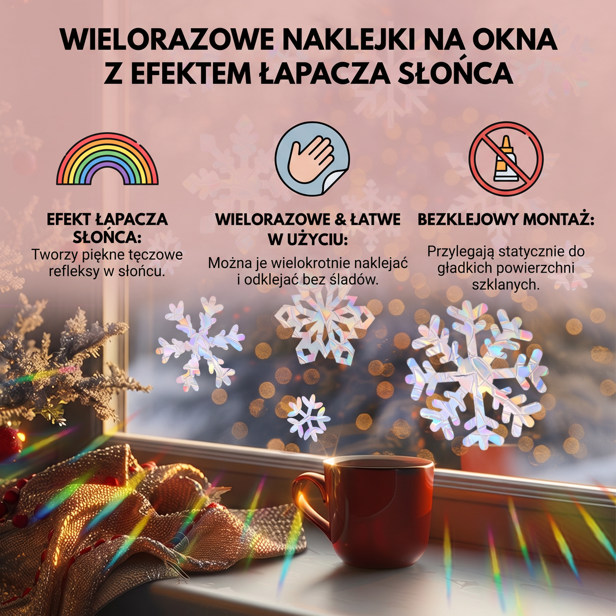 Wielorazowe naklejki na okno typu suncatcher w kształcie płatków śniegu