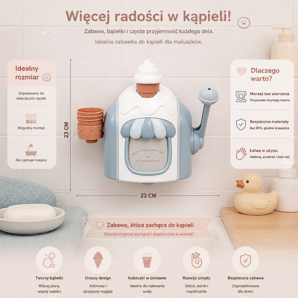 Maszynka do lodów – zabawka kąpielowa dla niemowląt z bańkami mydlanymi