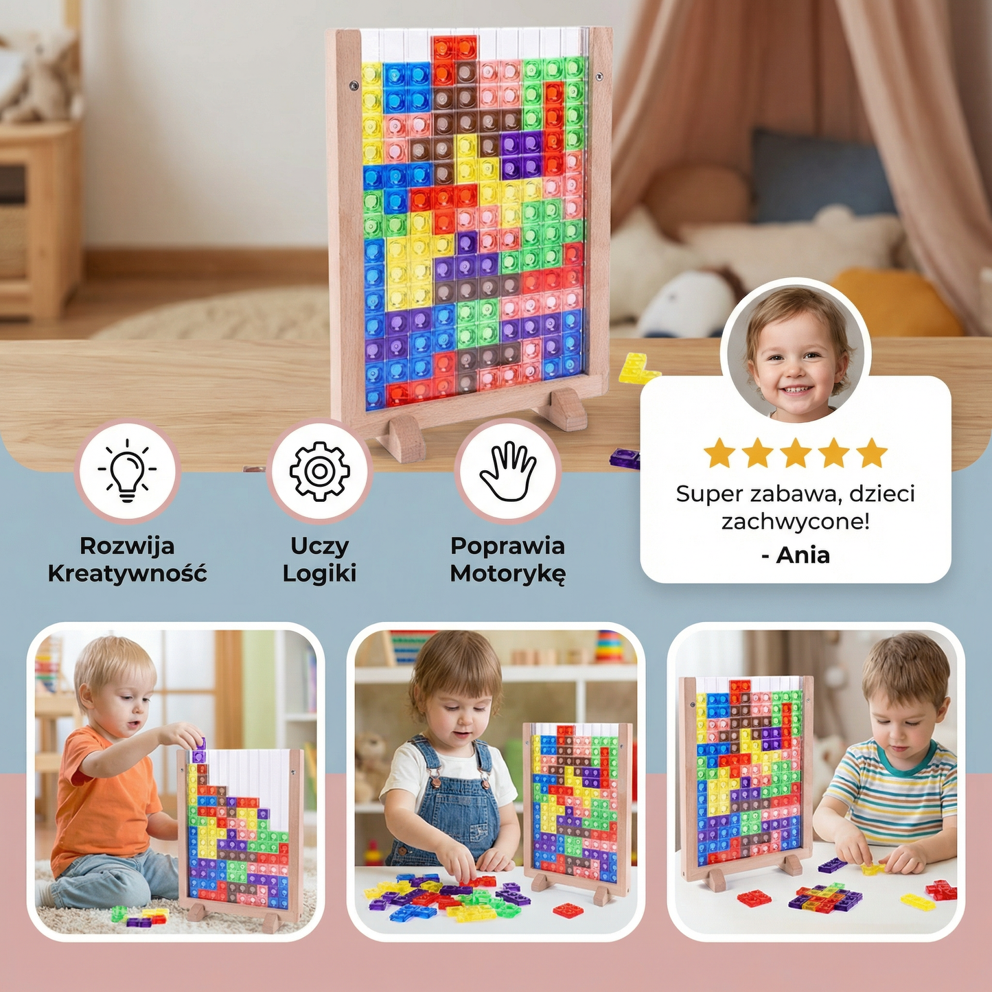 Puzzle 3D z kolorowych klocków z drewnianą ramką – edukacyjna gra Montessori dla dzieci