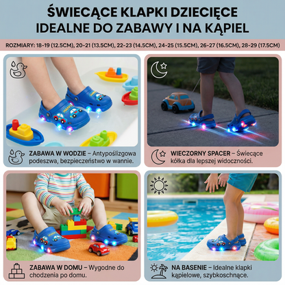 Świecące klapki dziecięce z motywem samochodu – klapki kąpielowe z antypoślizgową podeszwą