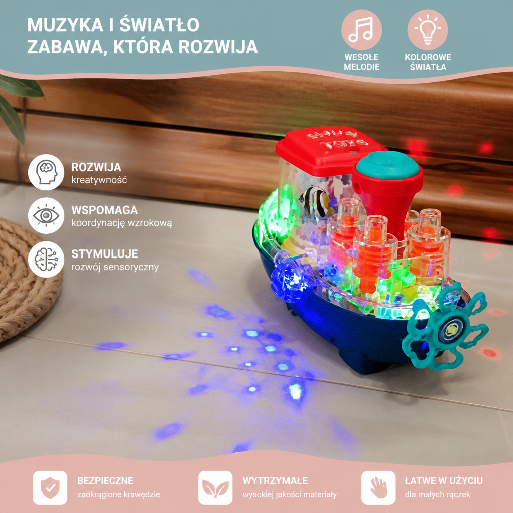Świecąca Łódź Zębatkowa – Muzyczna Elektryczna Łódź Zabawka Dla Dzieci