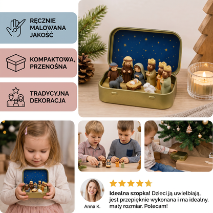 Miniaturowa szopka bożonarodzeniowa w pudełku – ręcznie malowany zestaw figurek bożonarodzeniowych