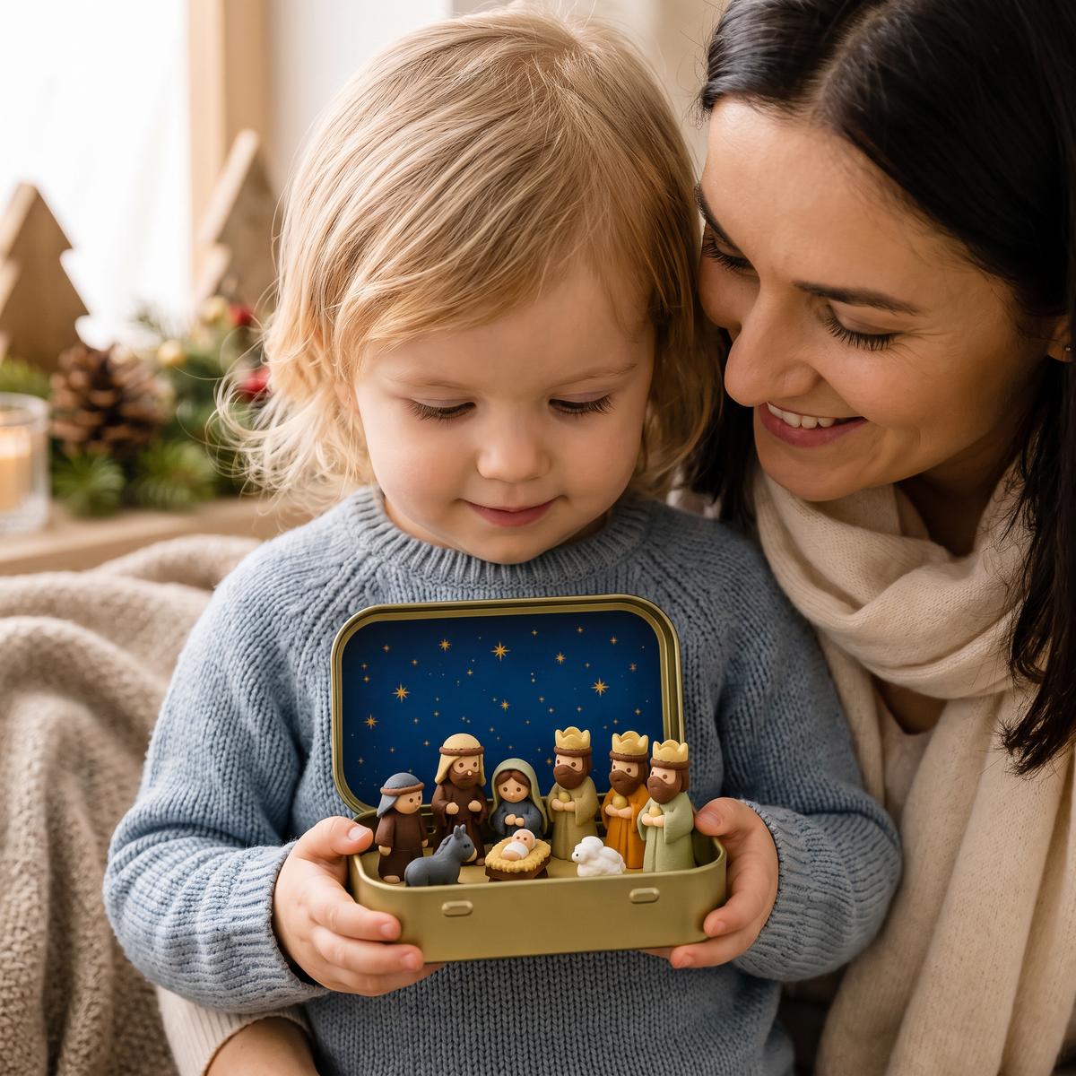 Miniaturowa szopka bożonarodzeniowa w pudełku – ręcznie malowany zestaw figurek bożonarodzeniowych