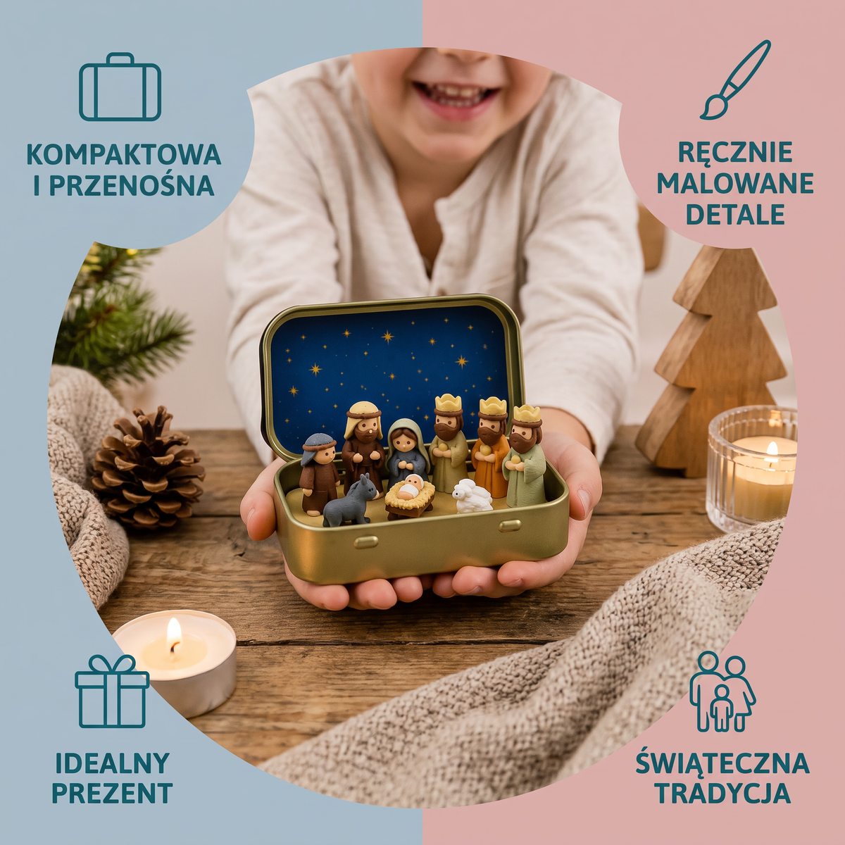 Miniaturowa szopka bożonarodzeniowa w pudełku – ręcznie malowany zestaw figurek bożonarodzeniowych