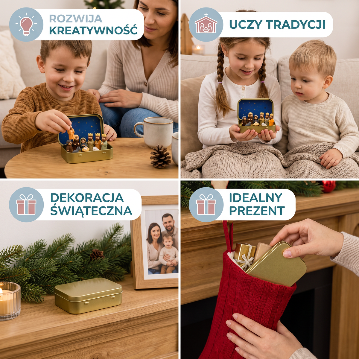 Miniaturowa szopka bożonarodzeniowa w pudełku – ręcznie malowany zestaw figurek bożonarodzeniowych