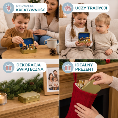 Miniaturowa szopka bożonarodzeniowa w pudełku – ręcznie malowany zestaw figurek bożonarodzeniowych